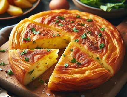 Una tortilla de patatas española cortada por la mitad